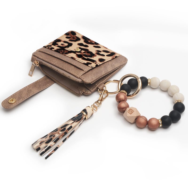 COOLANS Wristlet Bracelet Keychain Card Holder Card Pocket PU Leather Purse Tassel Keychain Bangle Key Ring for Women Girls (Silicone Bead Bracelet+Card Purse (Brown Leopard)) - Image 4